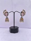 Pink Stone Oxidized Jhumka Earrings with Pearl Drops