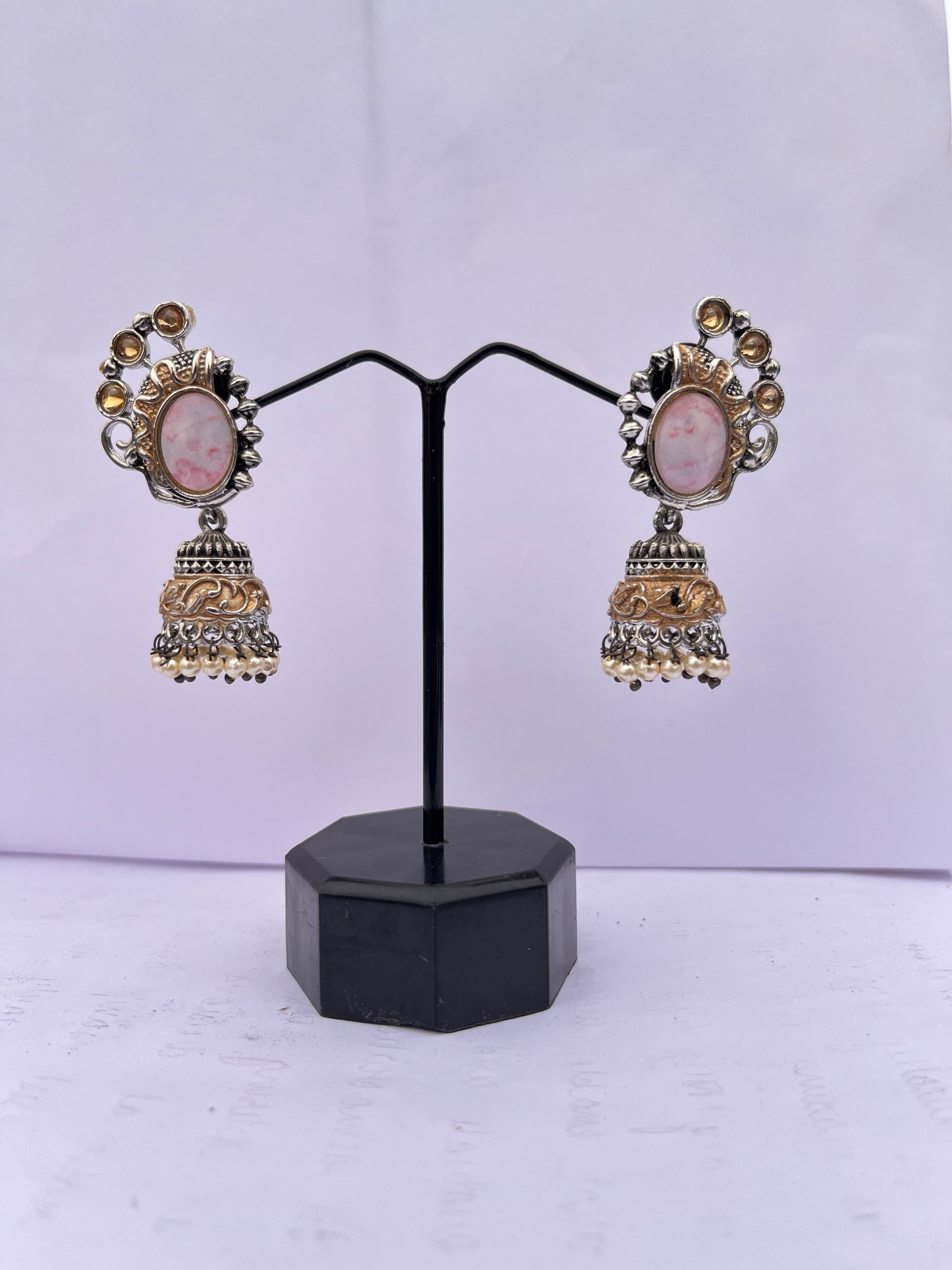 Pink Stone Oxidized Jhumka Earrings with Pearl Drops