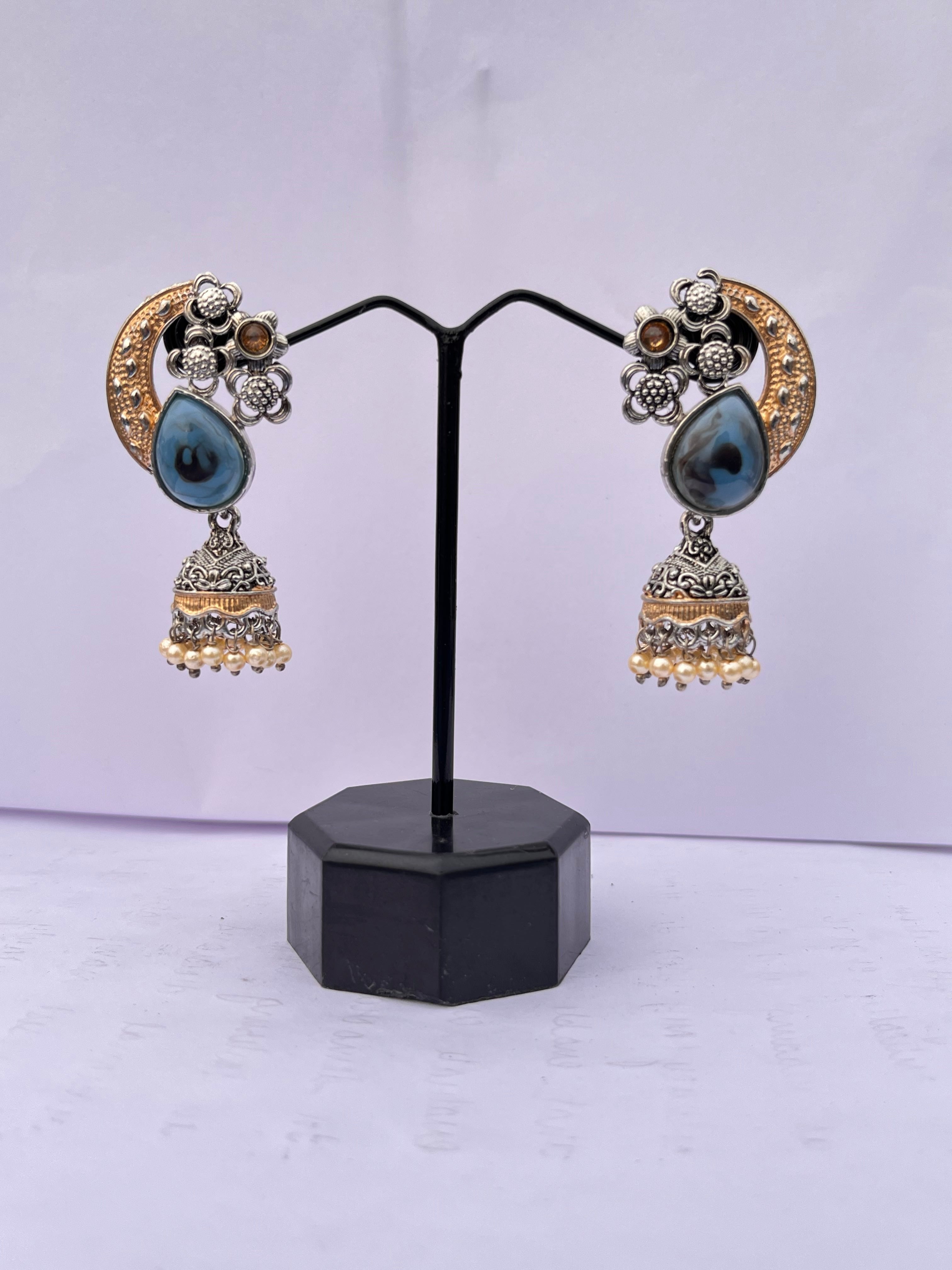 Oxidized Blue Stone Statement Jhumkas