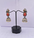 Coral Stone Oxidized Jhumka Earrings with Pearl Drops