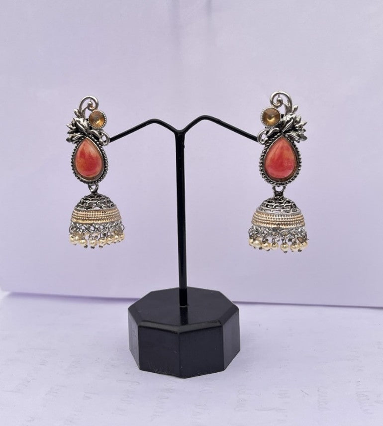 Coral Stone Oxidized Jhumka Earrings with Pearl Drops