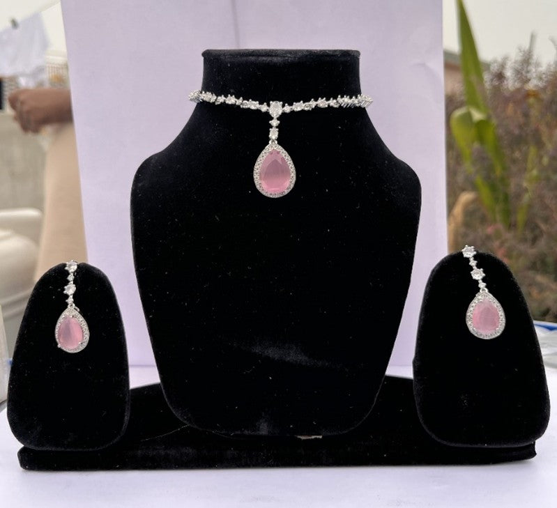 Pink Teardrop American Diamond Necklace Set | AD Bridal Jewellery with Earrings