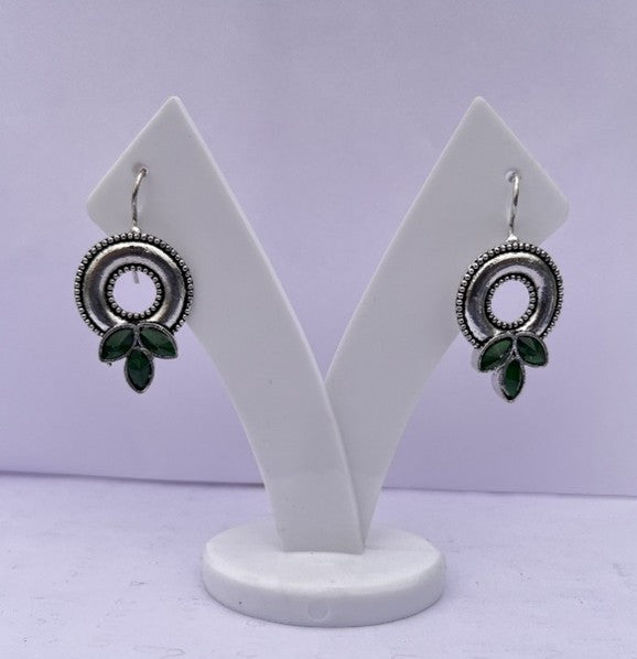 Oxidized Silver Green Stone Drop Earrings