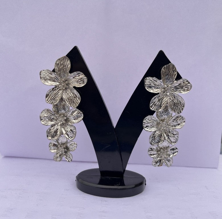 Silver Floral Statement Drop Earrings for Women