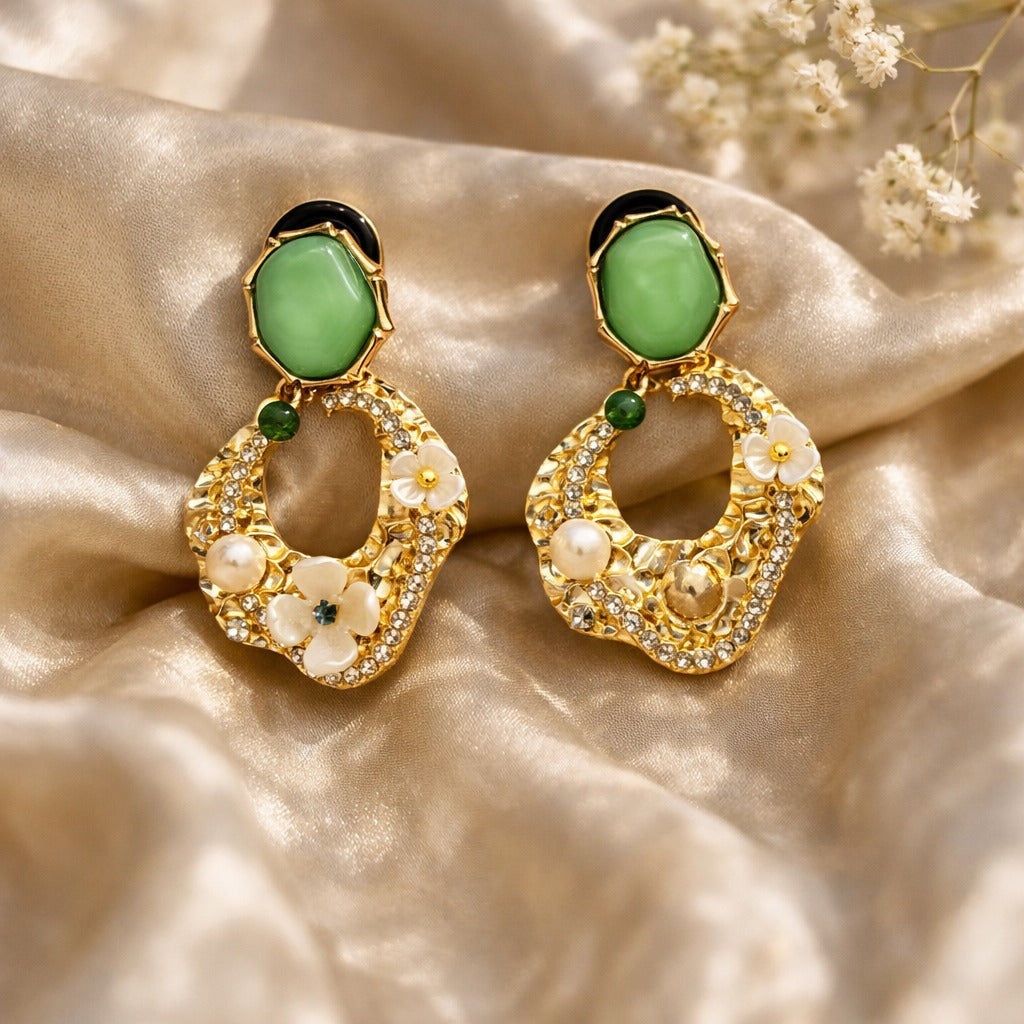 Green Stone Pearl Drop Earrings | Gold Floral Statement Earrings