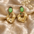 Green Stone Pearl Drop Earrings | Gold Floral Statement Earrings