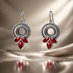 Oxidized Silver Red Stone Drop Earrings