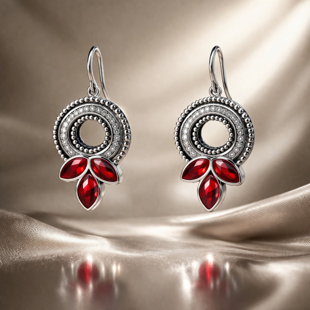 Oxidized Silver Red Stone Drop Earrings