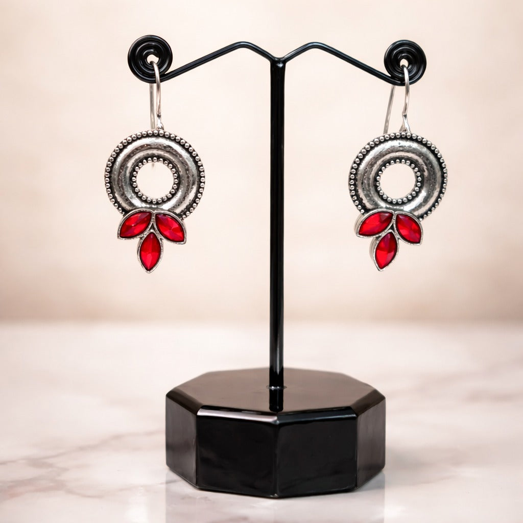 Oxidized Silver Red Stone Drop Earrings